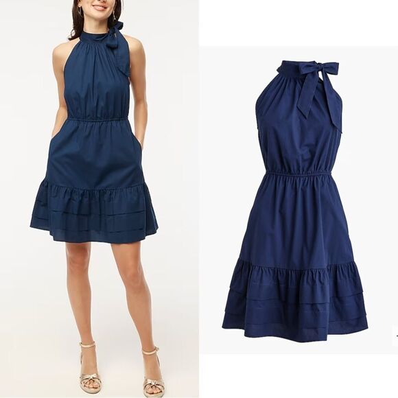 NWT J CREW Factory Poplin halter-neck mini dress in navy blue - Picture 1 of 5